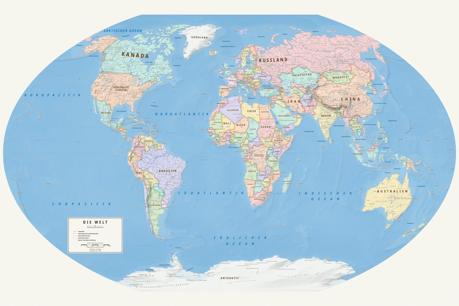 Weltkarte in der Winkel Tripel-Projektion (ein Ausgleich zwischen Fläche, Form und Entfernung), Stil Meridian (moderner Atlas), alle Ortsnamen auf Deutsch