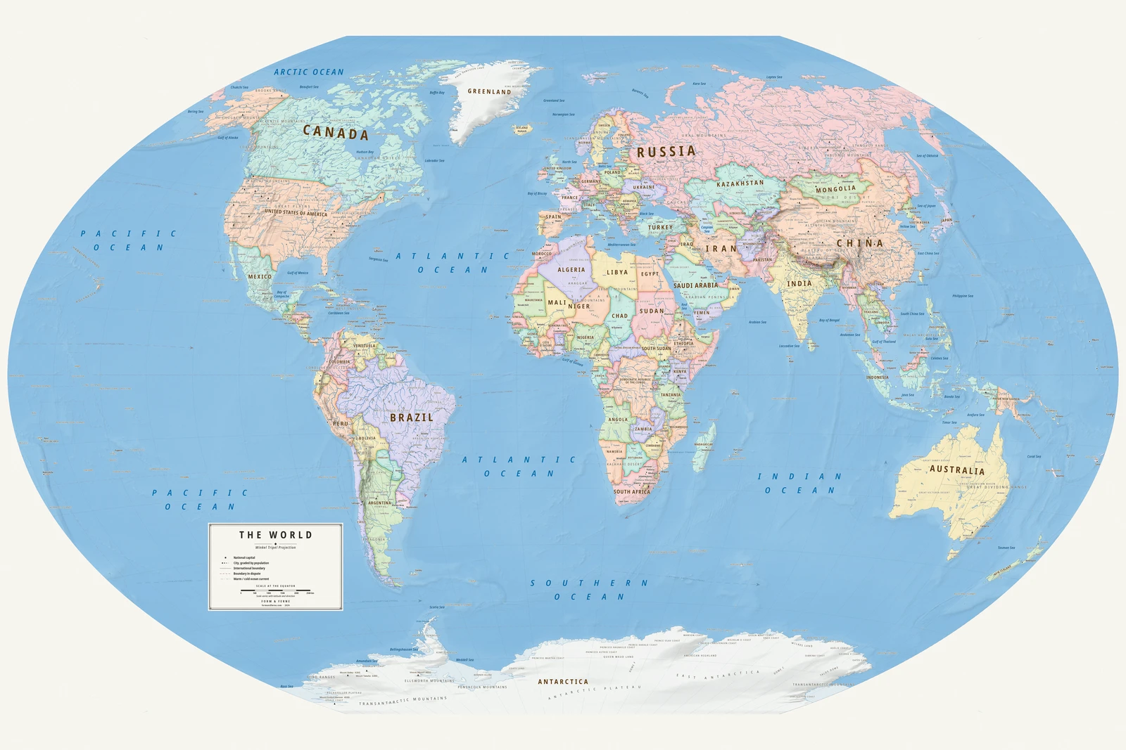 Winkel Tripel projection world map, a balance struck between area, shape and distance, Meridian style (Mid-century atlas), with all place names in English