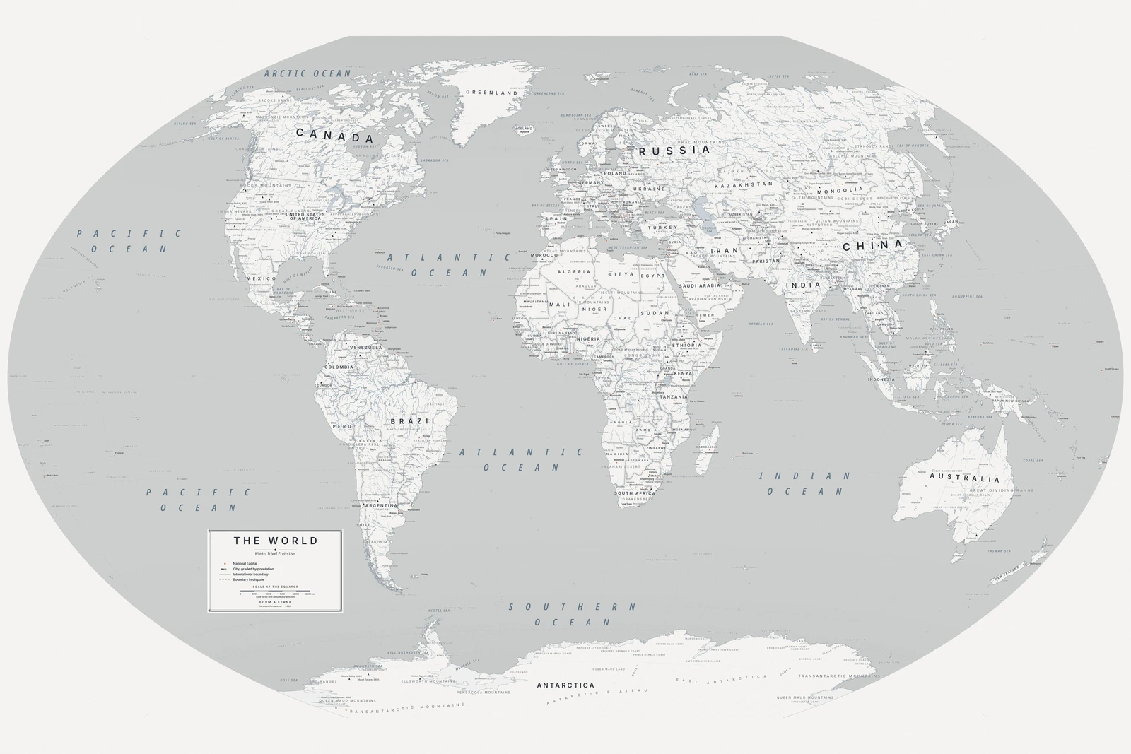 Winkel Tripel projection world map, a balance struck between area, shape and distance, Nordic style (Architectural minimalist), with all place names in English