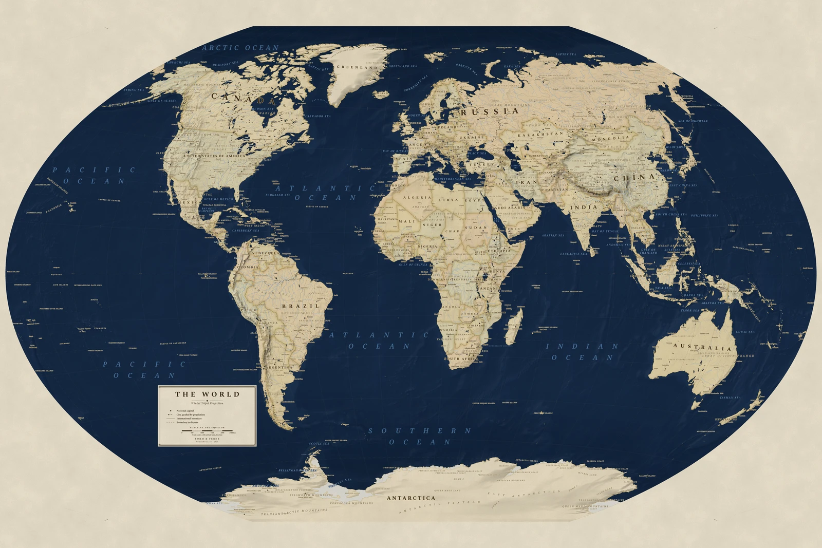 Winkel Tripel projection world map, a balance struck between area, shape and distance, Regency style (Navy sea, ochre and parchment), with all place names in English